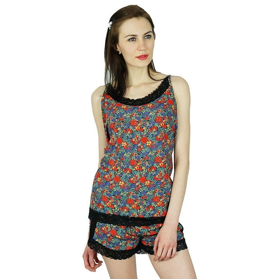 Bimba Women 2 Pcs Floral custom Night Wear Set With Lace Rayon Shorts With Top Nigthwear