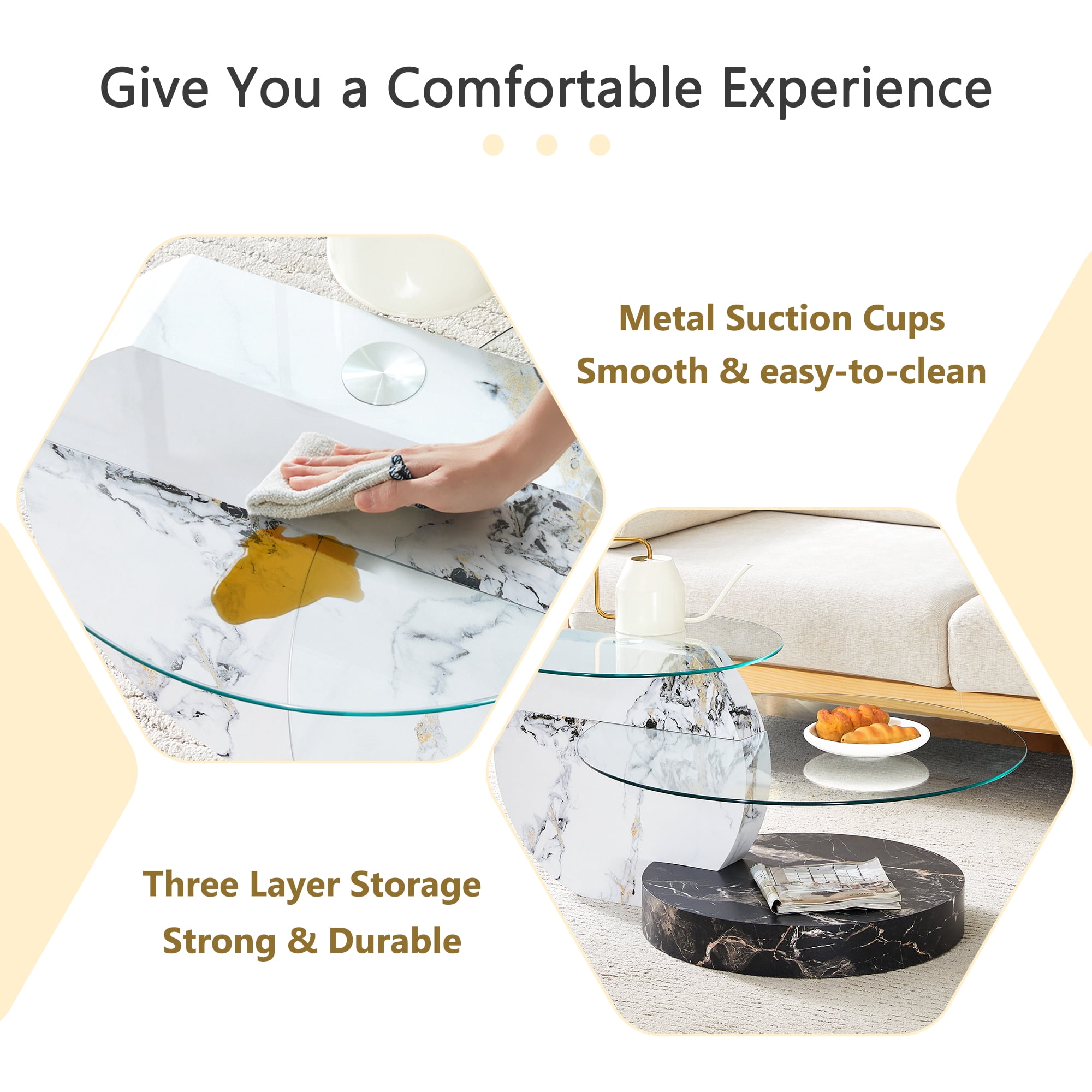 JUFU 35.4" Glass Coffee Table, Modern Round Coffee Table with MDF Faux Marble Base, 2-Tier Tempered Glass Top, Easy to Assemble, Ideal for Living Room, Small Space, Home Office