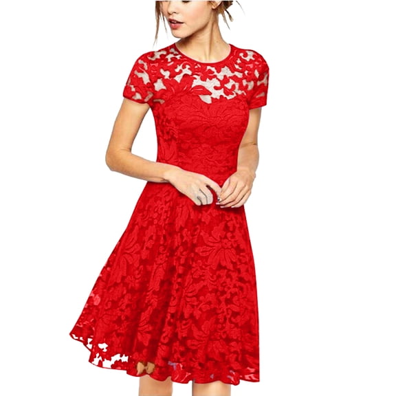 Floral Lace Sundress, Cap Sleeve Smocked Bodice with Tiered Skirt, Feminine Spring Dress for Easter, Brunch & Outdoor Wedding Red L
