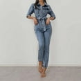 thumbnail image 2 of SRZYMJ Women's Denim Jumpsuits Lapel Button Down Long Sleeves Casual Slim Fit Romper Pants, 2 of 4