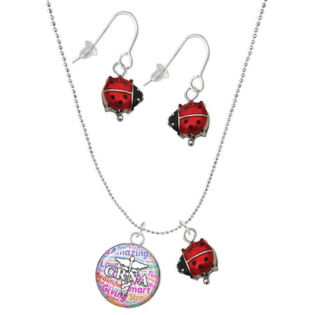 Delight Jewelry Silvertone Domed Multi Color CRNA Red Lucky Ladybug Necklace and Dangle Earrings Set Delight Jewelry Silvertone Domed Multi Color CRNA Red Lucky Ladybug Necklace and Dangle Earrings Set