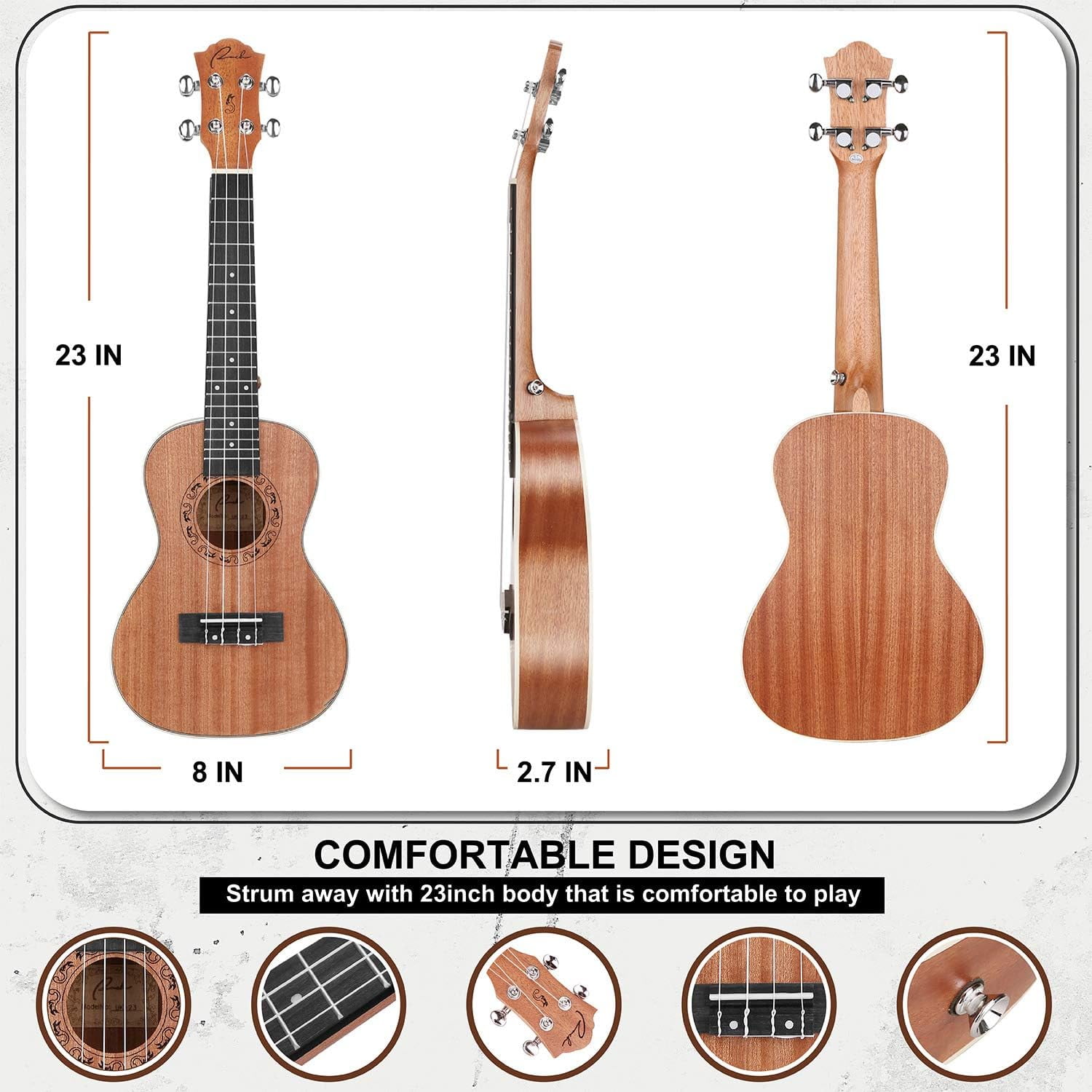 Ranch UK-23 Concert Ukulele - 23 inch Beginner Kit with 12 Online Lessons, Gig Bag, Tuner, Strap, Aquila Strings Set