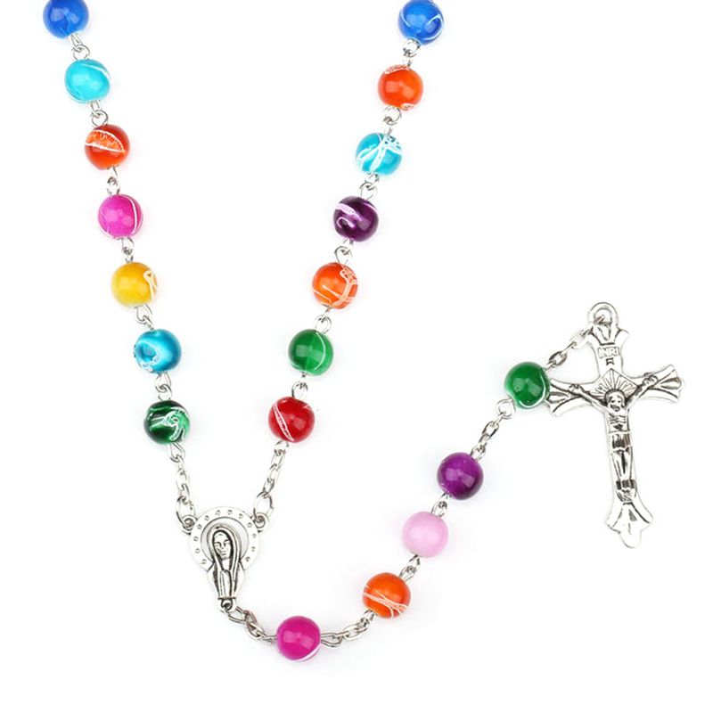 SJENERT Colorful Beads Jesus Cross Necklace, Catholic Rosary Rosary