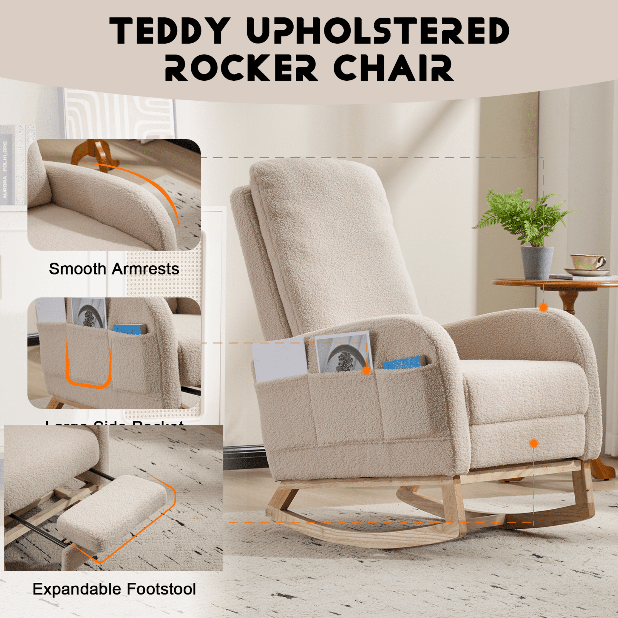 CARZZI LIFE Modern Nursery Rocking Chair, Teddy Upholstered Rocking Chair with Footrest, Comfortable Rocker Recliner with Side Pocket, Rocker Glider for Living Room, Bedroom, Nursing Room (Beige)