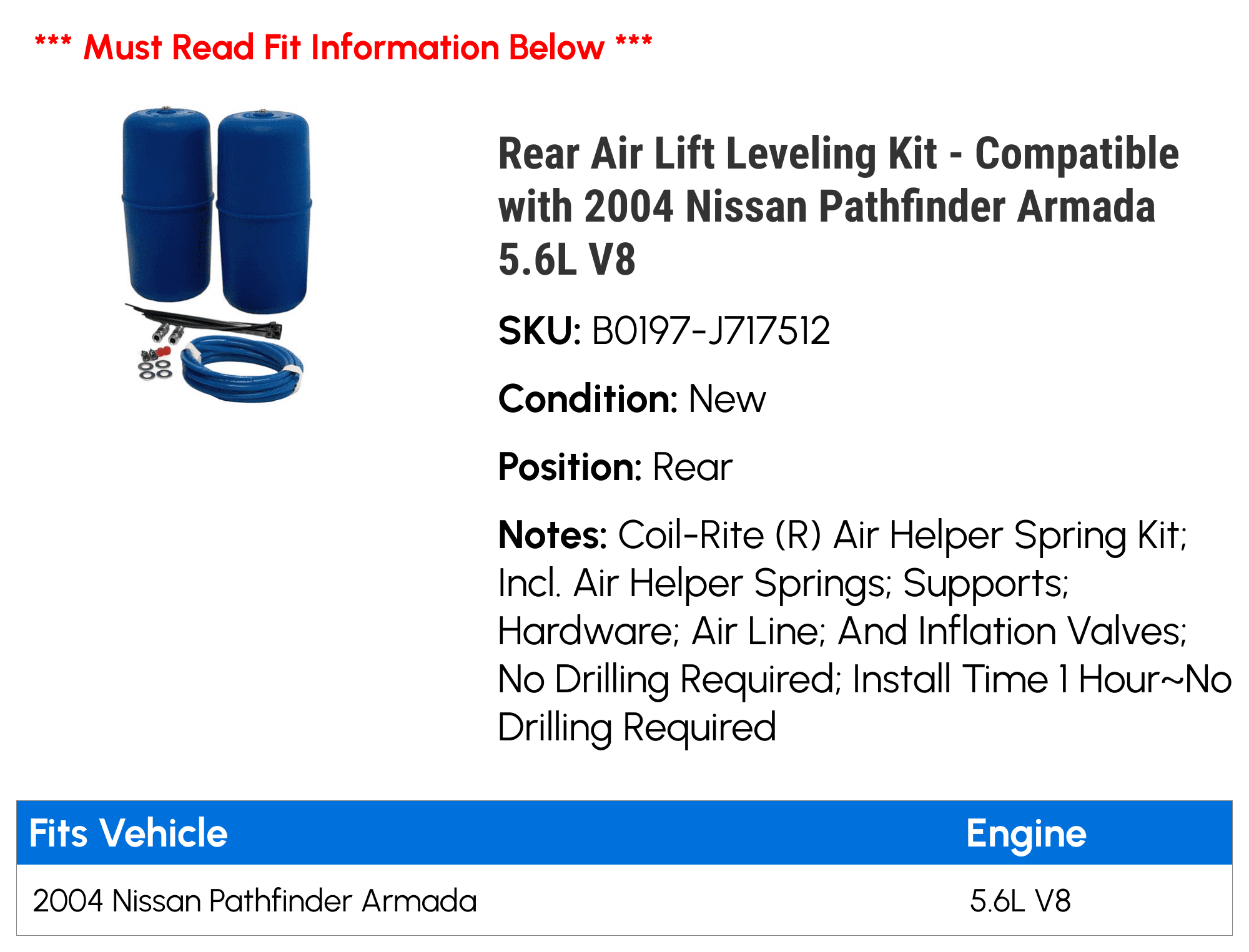 Rear Air Lift Leveling Kit - Compatible with 2004 Nissan Pathfinder Armada 5.6L V8
