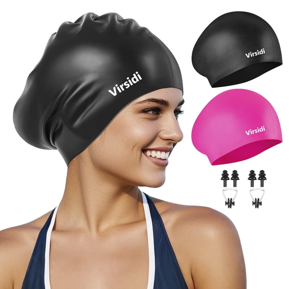 Virsidi 2 Pack Swim Cap for Women Men Adult, Silicone Swimming Caps for Short Long Hair, Waterproof Swim Hats Bathing Caps to Keep Hair Dry with Nose Clip and Earplugs