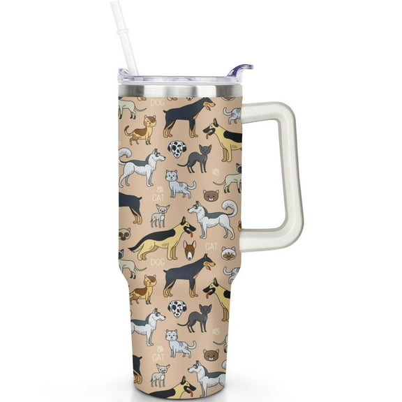 Dog Tumbler 40oz with Stainless Steel Body, Handle, and Straw, Leak Proof Travel Cup Gift for Dog Lovers