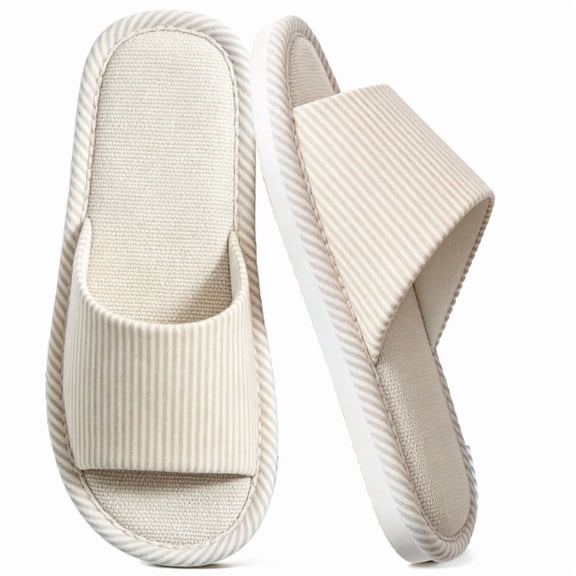 CHICVOMEY Linen Slippers for Women Soft Sole Anti-Skid Open Toe Slippers Linen Unisex Slip on Indoor House Shoes