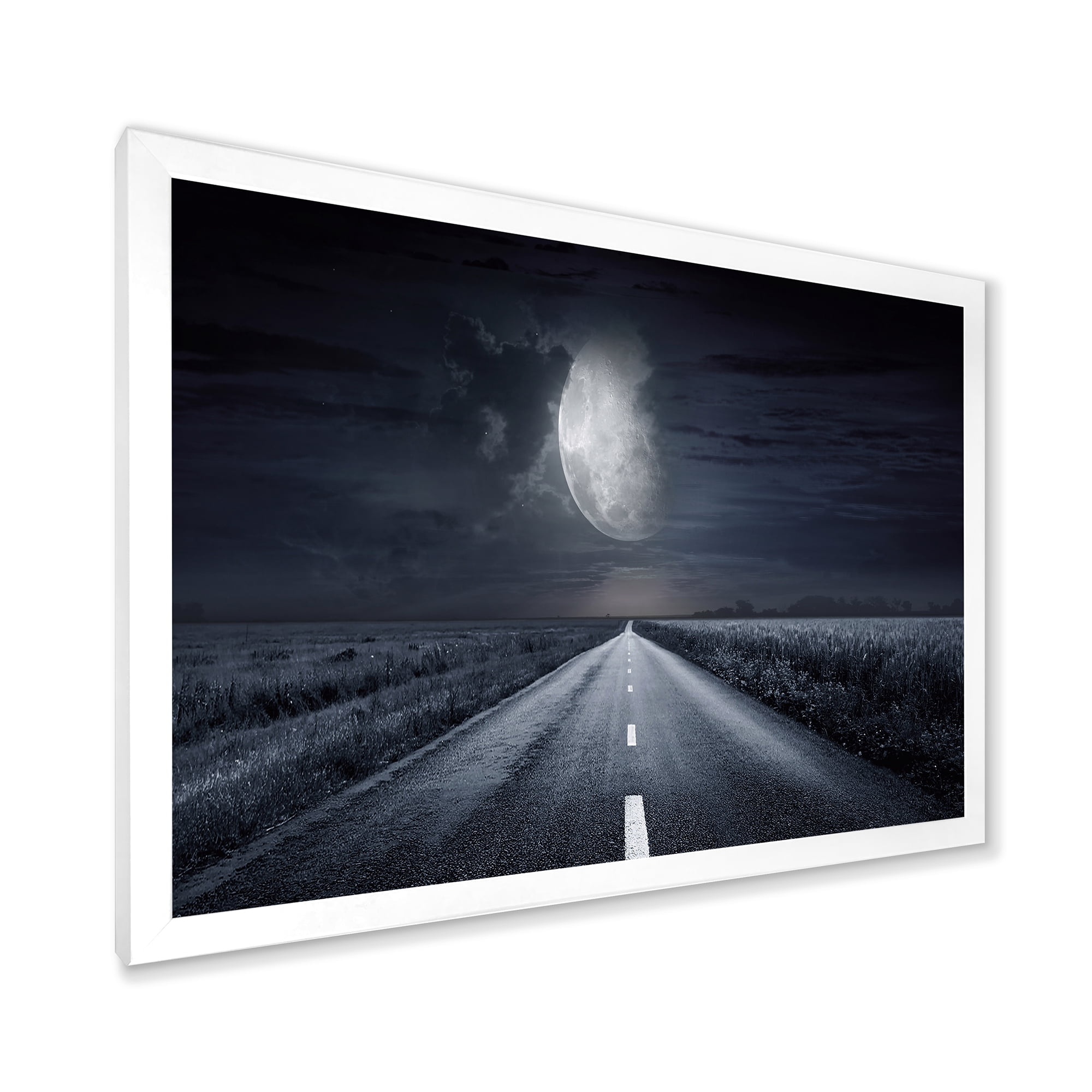 Designart 'Cloudy Full Moon Over Asphalt Road III' Nautical & Coastal Framed Art Print