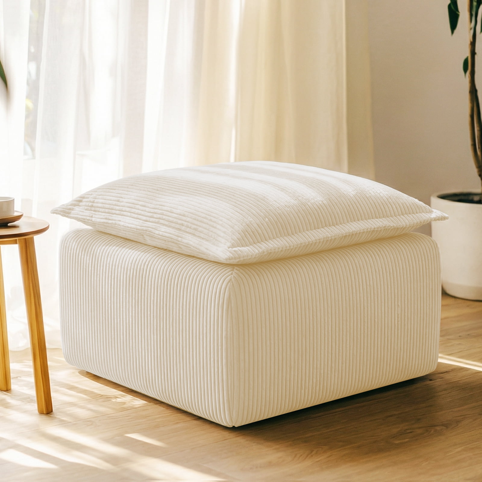 Corduroy Ottoman Pouf for Modular Sectional Sofa Upholstered Footrest Stool for Living Room Beige