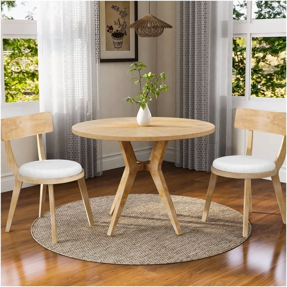 Set of 2 Modern Beige Fabric Dining Chairs with Rubberwood Frame, Upholstered Side Chairs for Kitchen, Dining Room