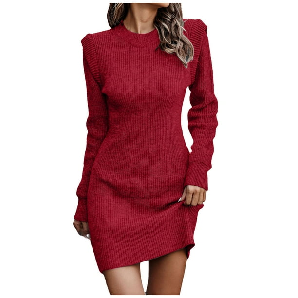 Vestido de punto de cuello alto y manga larga para mujer - Vestido de punto liso, poliéster/spandex - Informal/fiesta, todas las estaciones - Tallas de la S a la XXXXXL