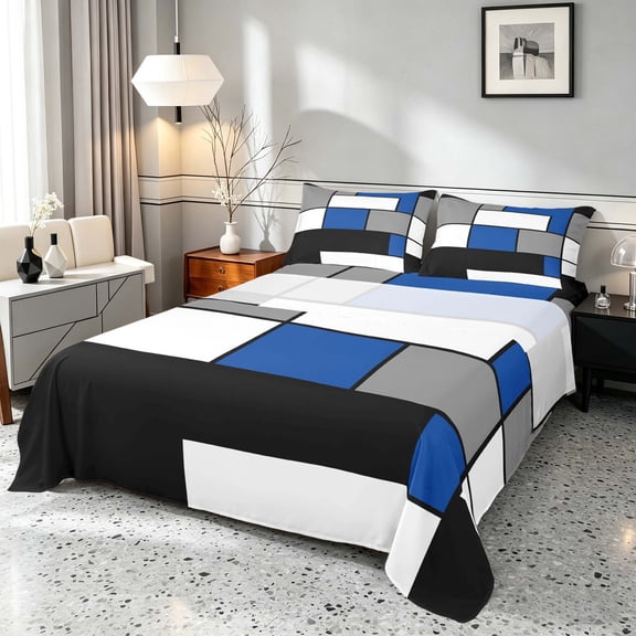 Manfei Abstract Grid Queen Sheets, Navy Blue Checkered Queen Sheet Sets, Black Reversible 4pcs1 Flat Sheet   1 Fitted Sheet   2 Pillowcases