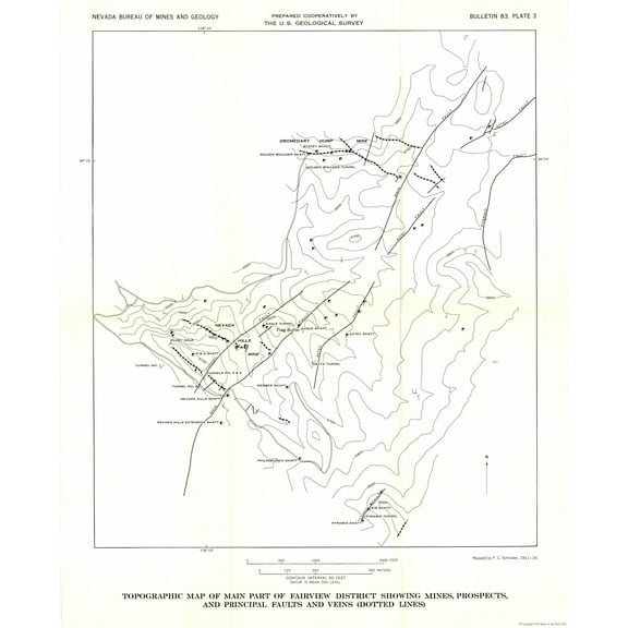 Historic Mine Map - Nevada Fairview District Mines Prospect Veins - USGS 1911 - 23 x 28.30 - Vintage Wall Art