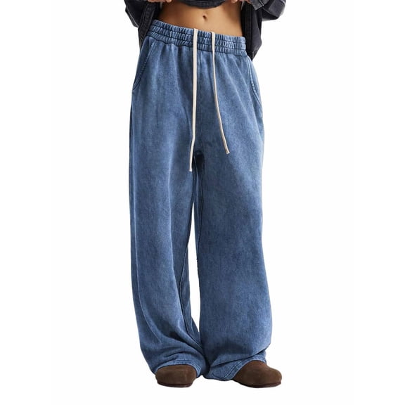 JIAYUE Men's Wide Leg Jeans Soft Washed Relaxed Fit Elastic Drawstring Waist Loose Full Length Casual Cozy Trousers Streetwear For Daily Travel Outings Pants