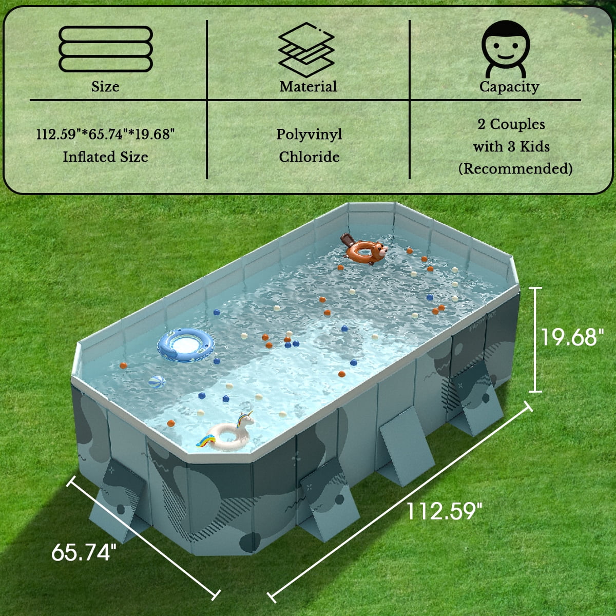 Hurber Foldable Swimming Pool, Large Non-inflatable Adults Kids Outdoor Pools, Green, 113" x 66" x 20"