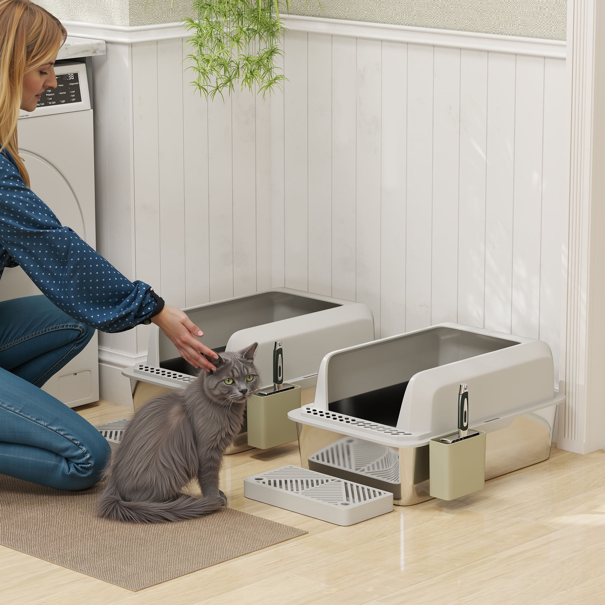 PawHut 2 Pack Stainless Steel Litter Box, Metal Litter Box High Sided, Anti-Urine Leakage, Non-Sticky, with Metal Scoop & Scoop Holder, Light Gray