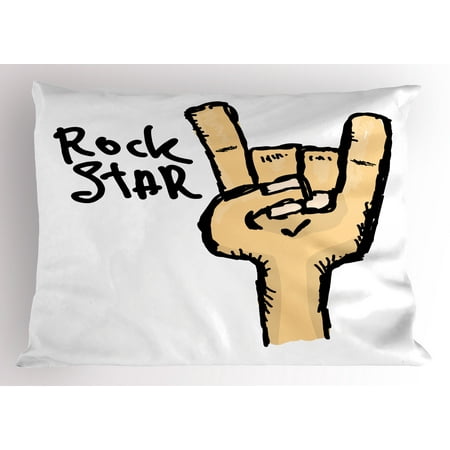 Decorative Symbols Rock Music Pillow Sham Doodle Devil Sign Drawing Style Hand Gesture Symbol Cartoon Human Hand, Decorative Standard Size Printed Pillowcase, 26 X 20 Inches, Beige Black White, by Ambesonne ()