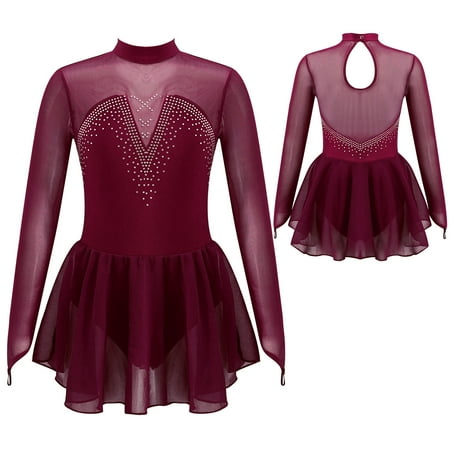 

TiaoBug Kids Girls Long Sleeve Mesh Splice Skating Leotard Dress 6-14