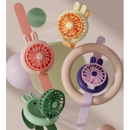 

4 Colors Kids Watch Handheld Fan Rabbit Cartoon Watch Fan Summer Portable Mini Fan with USB Rechargeable 3 Speed Strong Silent Personal Table Fan for Children Students Indoor and Outsise