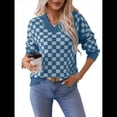 thumbnail image 1 of Suéter Corto A Cuadros para Mujer, Cuello en V, Larga, Jersey de Punto Azul M, 1 of 9