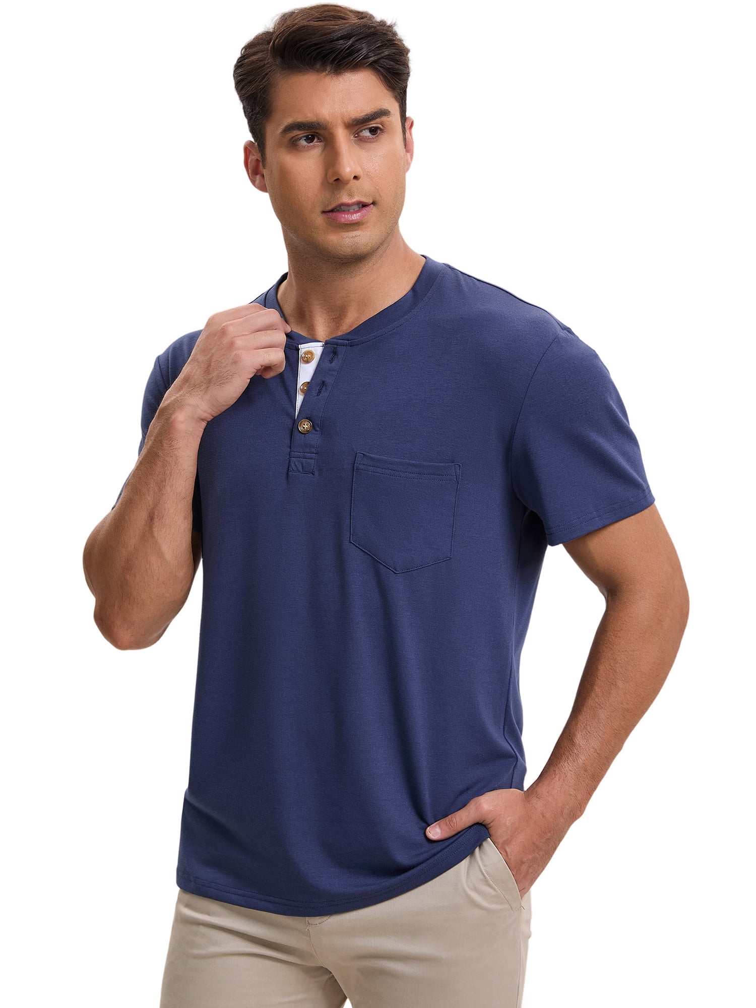 DARING DIVA Men's Casual Summer Short Sleeves Button Henley Basic Tee M Blue