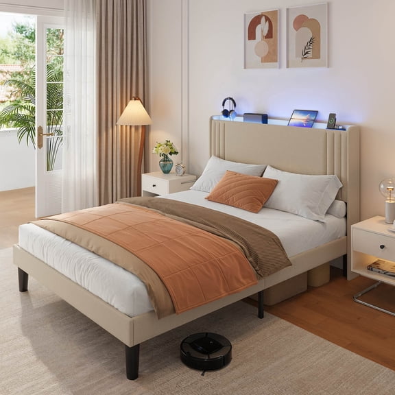 Asofer Queen Platform Bed Frame, with Upholstered Headboard and Ample Under-Sleep Storage, Beige