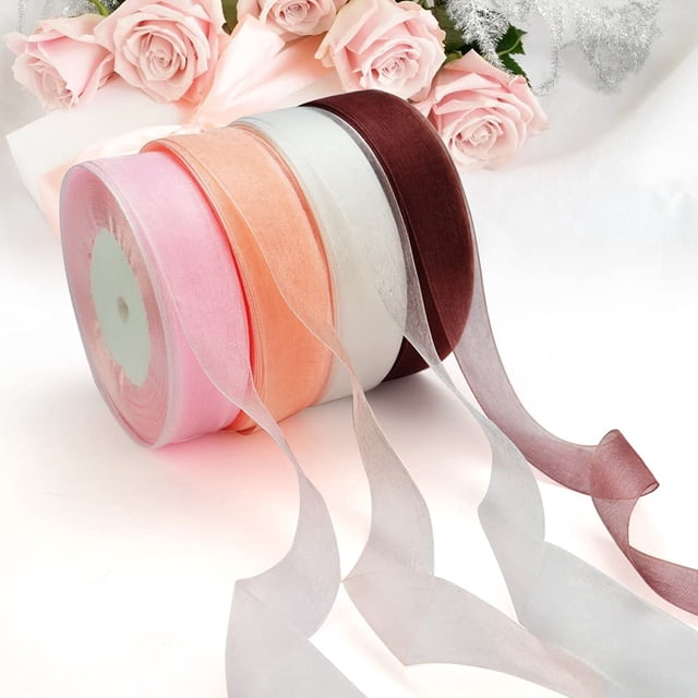 4 rollos de cinta de regalo de raso de gasa transparente, adecuada para decoración de ramo de San Valentín, Navidad y cumpleaños (4 piezas de colores mezclados)