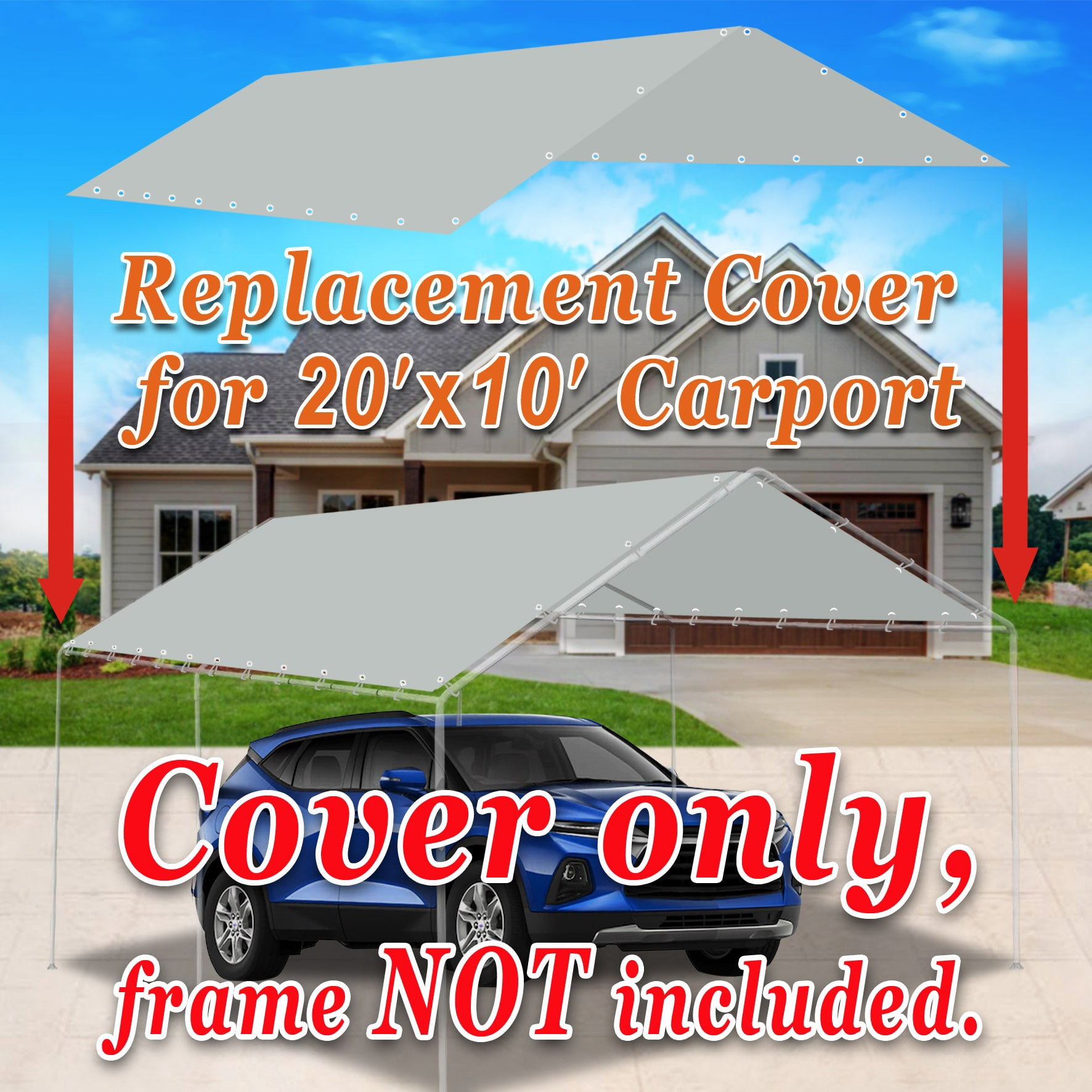 SUNNY OUTDOOR 10x20' Carport Tent Top Garage COVER ONLY w Bungee, Waterproof Replacement Canopy, without edge (Silver)