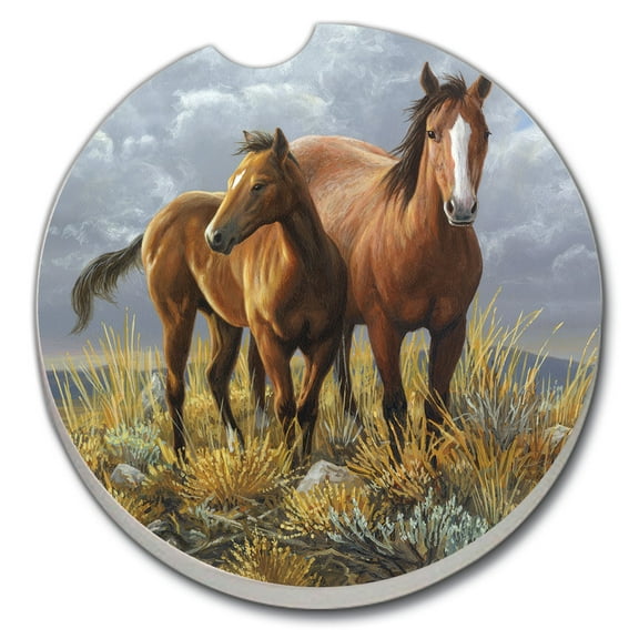 Absorbent Stoneware Car Coaster, Horses, Set of 2