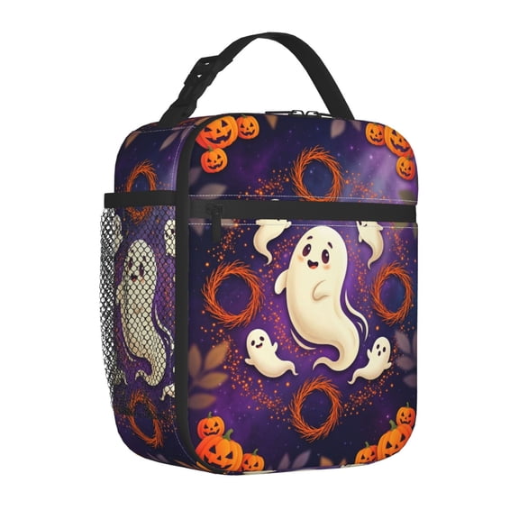 Ghost Lunch Bag Insulated Reusable Cooler Tote Spooky Cute Portable Meal Prep Bag Side Mesh Pocket Work Office Picnic