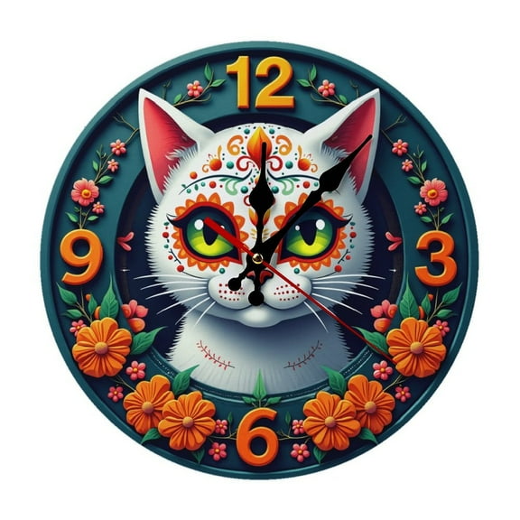 Cat Floral Day Of The Dead Wall Clock 10 Inch Silent Non Ticking Round Clock Decoration for Living Room Kitchen Bedroom Bathroom Office Classroom