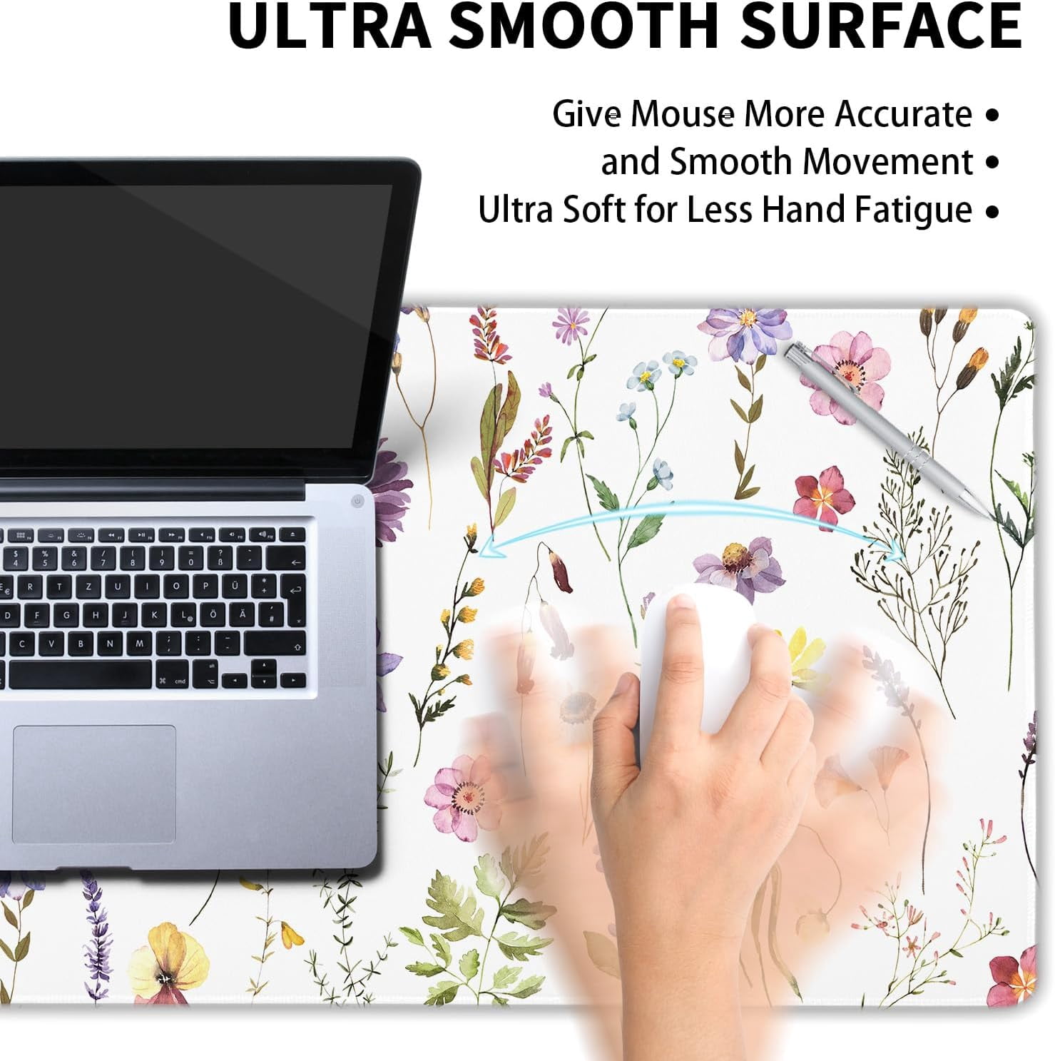 Pretty Flowers Mouse Pad XXL Cute Floral Chic Plant Spring Summer Extended Table Mat 90X40 CM Non-Slip Rubber Base Stitched Edge Large Mousepad for Gaming Laptop Computer Desk Top 35.4×15.7 Inch