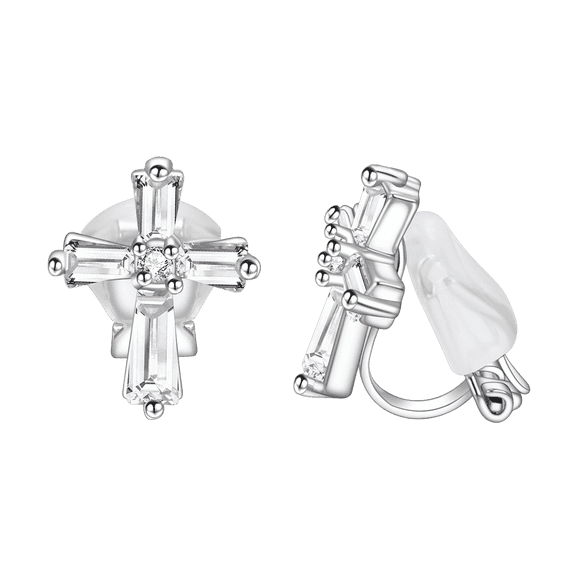 Yoursfs Silver Cross Clip On Earrings for Women Moissanite Crystal Cross Earrings Hypoallergenic Christian Earring 18k Gold Plated Jewelry