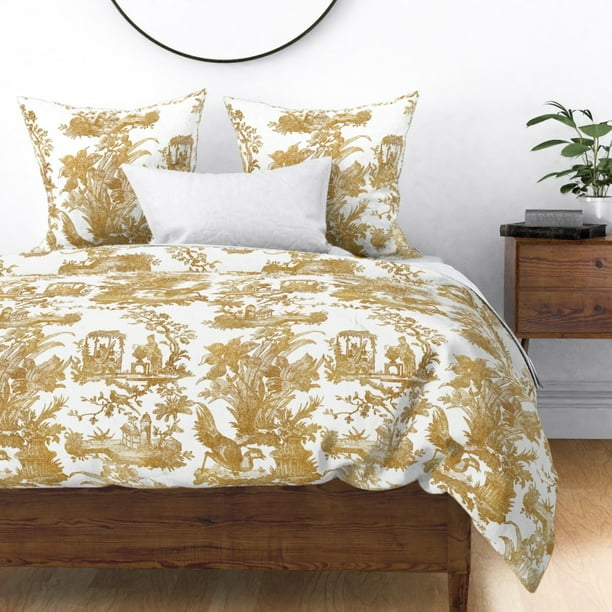 Toile Chinoiserie Asian Gold White Chinese Sateen Duvet Cover by