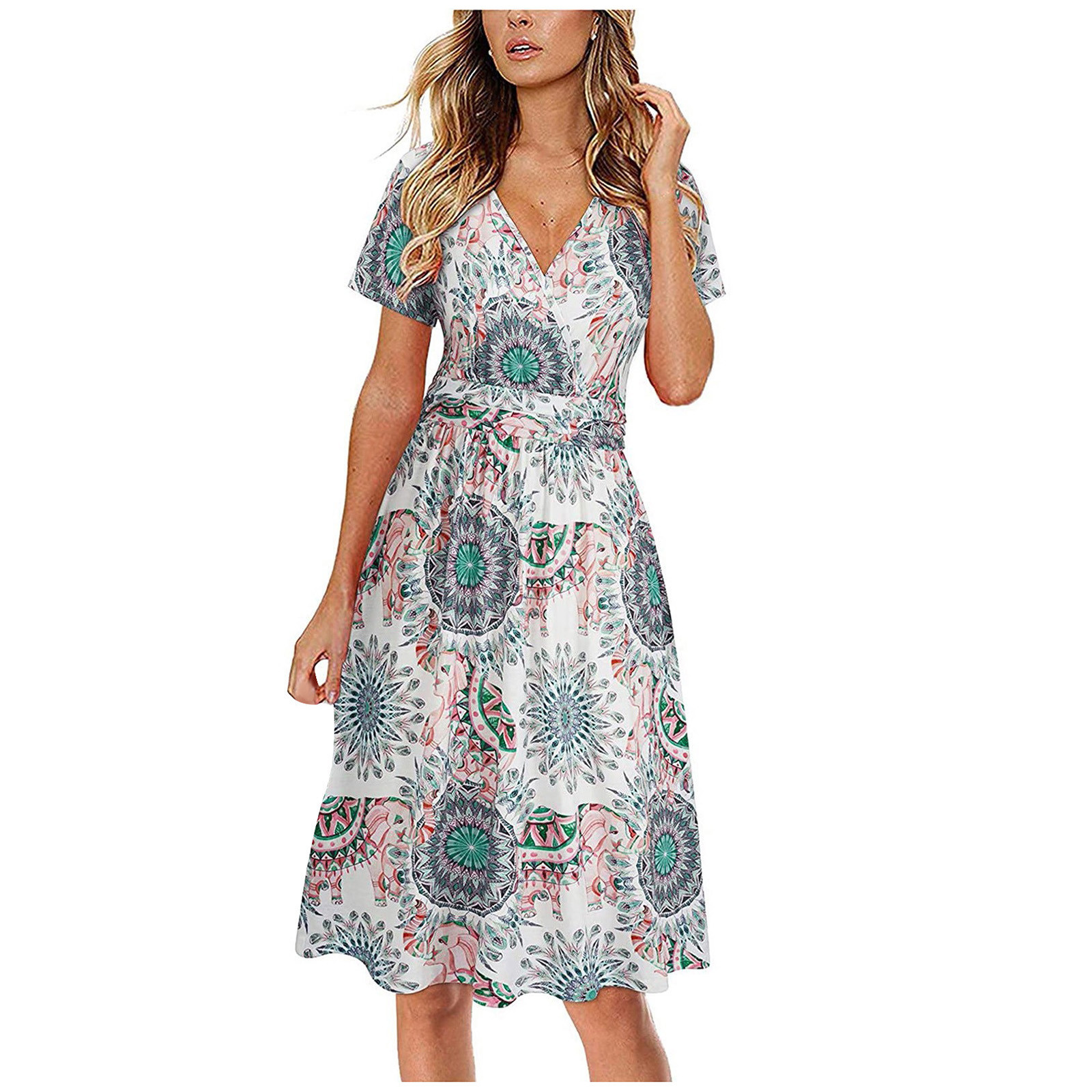 Womens Casual V Neck Short Sleeve Flower Knee Length Beach Summer Sexy