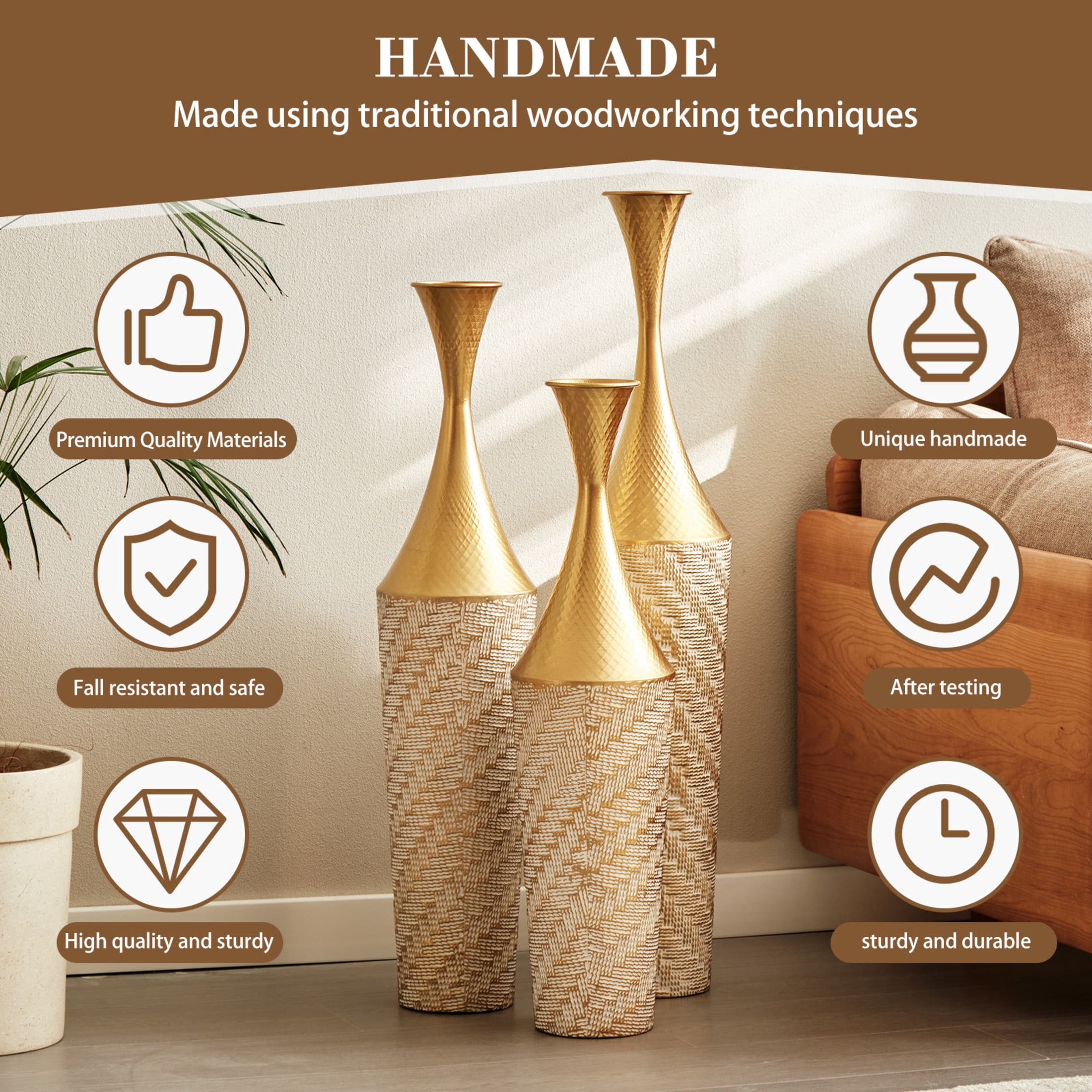 Noble House 27.56", 31.5", 35.43" Metal Floor Vase Set of 3, Textured Handcrafted Vases, Gold+White