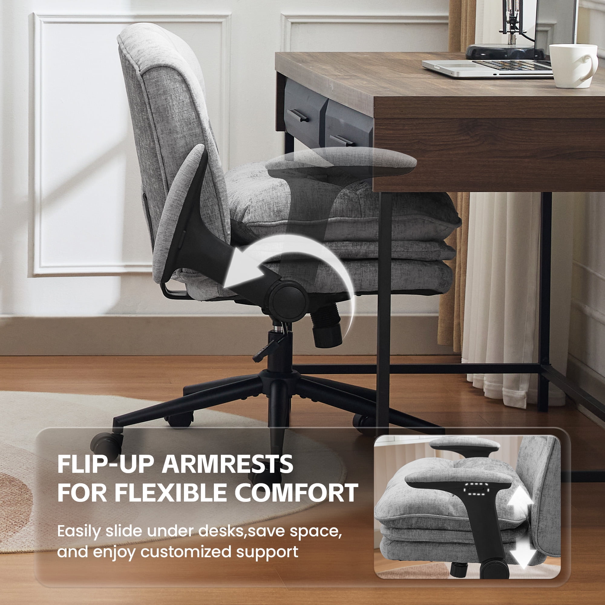 DOMICARE Criss Cross Chair with Flip-Up Arms, Wide Cross-Legged Office Chair with Wheels, Swivel Vanity Desk Chair, Gray Chenille