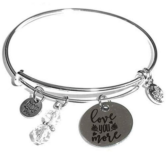 Women's Stainless Steel Message Charm Expandable Wire Bangle Bracelet, Popular, Stylish and Trendy, Arrives in a Gift Box. (Love You More)