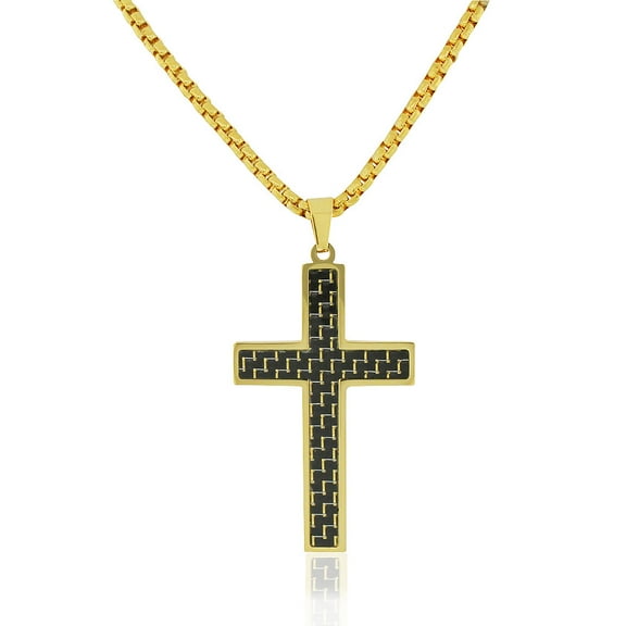 EDFORCE Stainless Steel Yellow Gold-Tone Simulated Black Carbon Fiber Statement Cross Necklace
