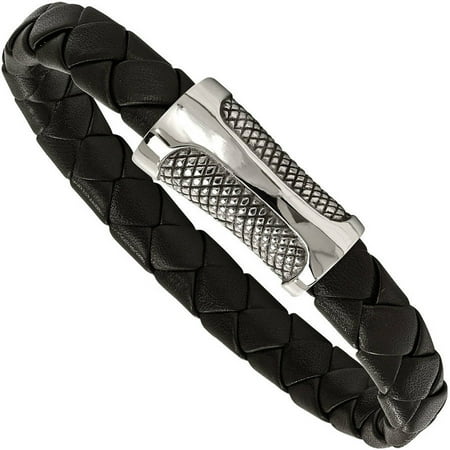 Primal Steel Stainless Steel Polished Black Leather Textured Bracelet