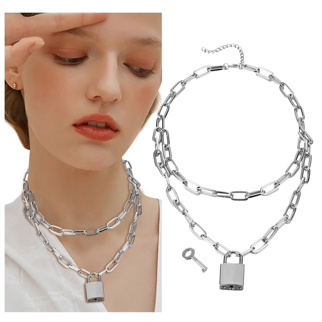 Collar para mujer, joyería para mujer, joyería para mujer, collar con candado y llave, cadena para suéter, accesorios de moda, collar de moda