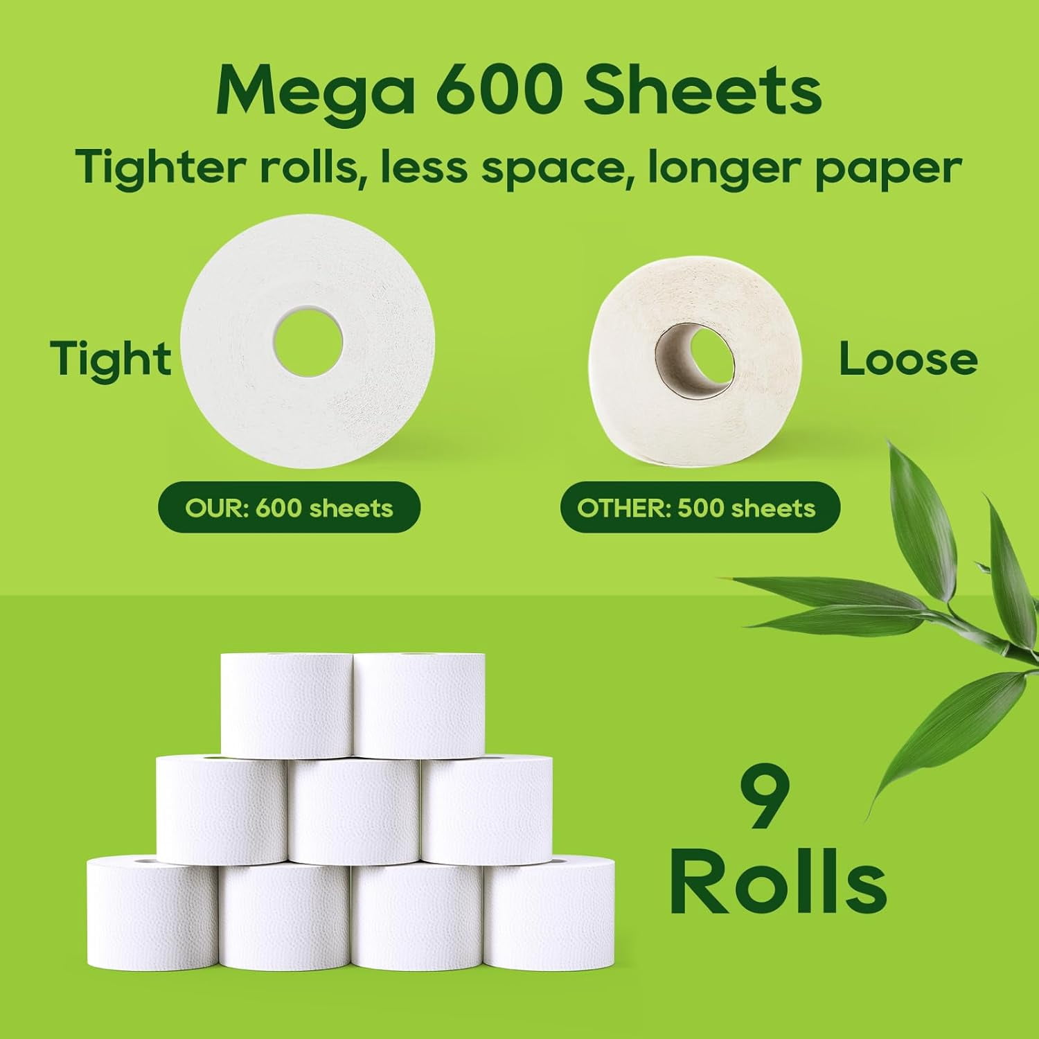 Bamboo Toilet Paper, Septic Safe Toilet Tissue, 9 Mega Rolls, 600 Sheets Per Roll, Tree Free, Non Toxic, 2 Ply, Soft and Absorbent, Eco Friendly Dye-Free Paper