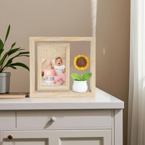 SHEIGUANNI Double-Sided Rotating Replaceable Picture Frame with Artificial Flower Pendant, Tabletop Picture Frame for Boys Girls Gift, Home Desk Decor-6Inch