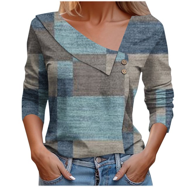 FAIWAD Long Sleeve V Neck Tops for Women Lapel Button Down Color Block Pullover Tunic Tops