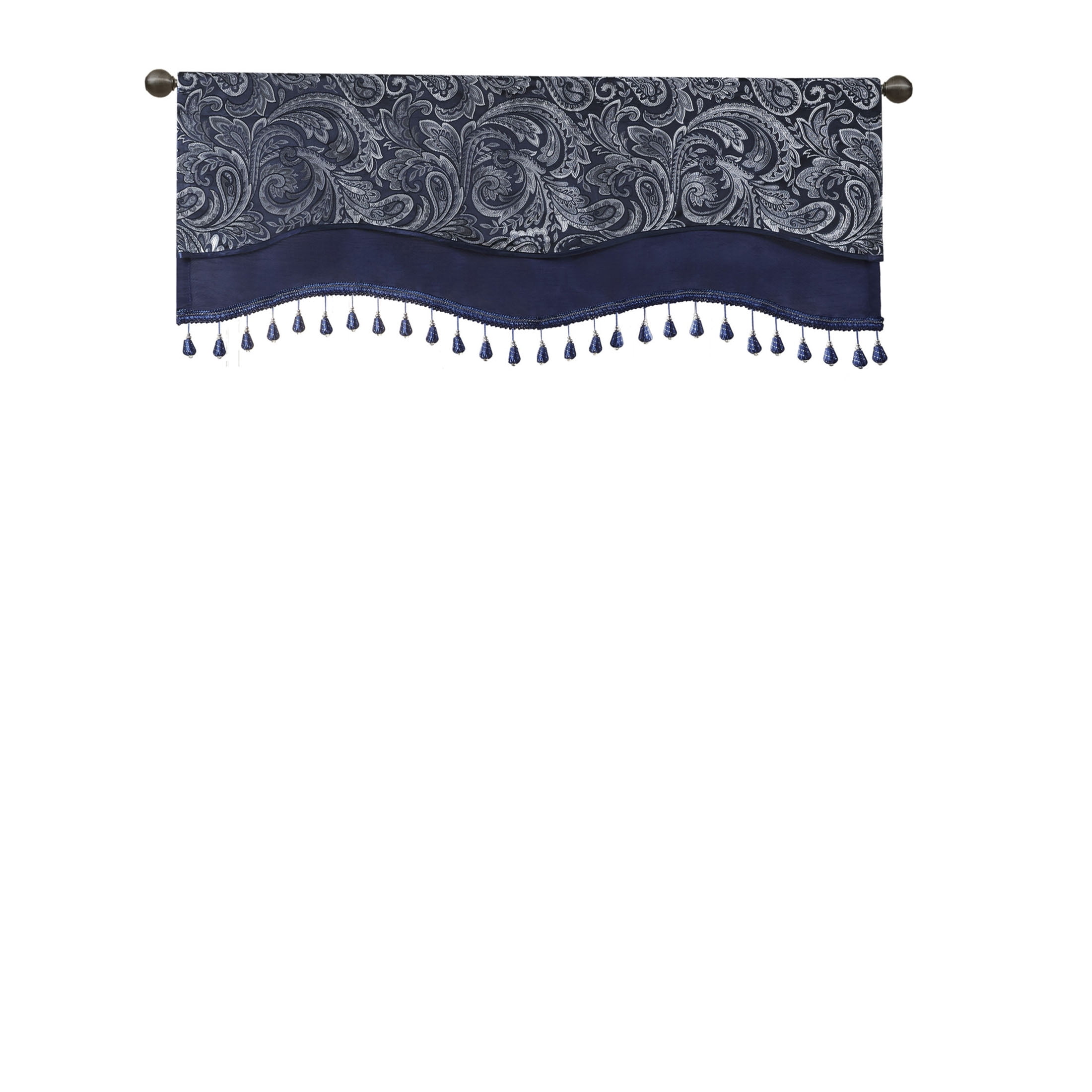 JERFIT Navy Blue Jacquard Valance with Beaded Trim, 50x18 Inch Paisley Window Curtain Valance for Rod Pocket, OEKO-TEX Certified Polyester