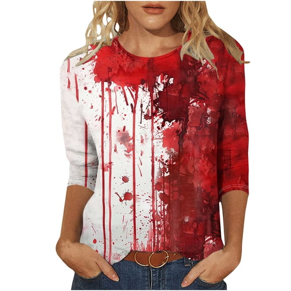 Raeneomay 3/4 Length Sleeve Womens Tops Halloween Day Round Neck T-Shirt Loose Top