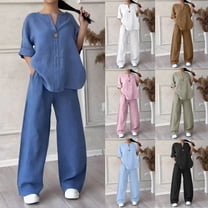 UVEASISHA Casual Outfits for Women Cotton Linen 2 Piece V Neck Shirts and Wide Leg Pant Sets Baggy Casual Streetwear Pink XXL