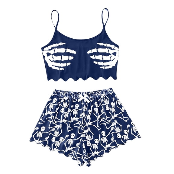 Yuncity Womens Halloween Pajama Set 2 Piece Funny Print Summer Sleeveless Cami Top With Shorts Pjs Sleepwear Loungewear Nightwear,Size S-Xl Blue