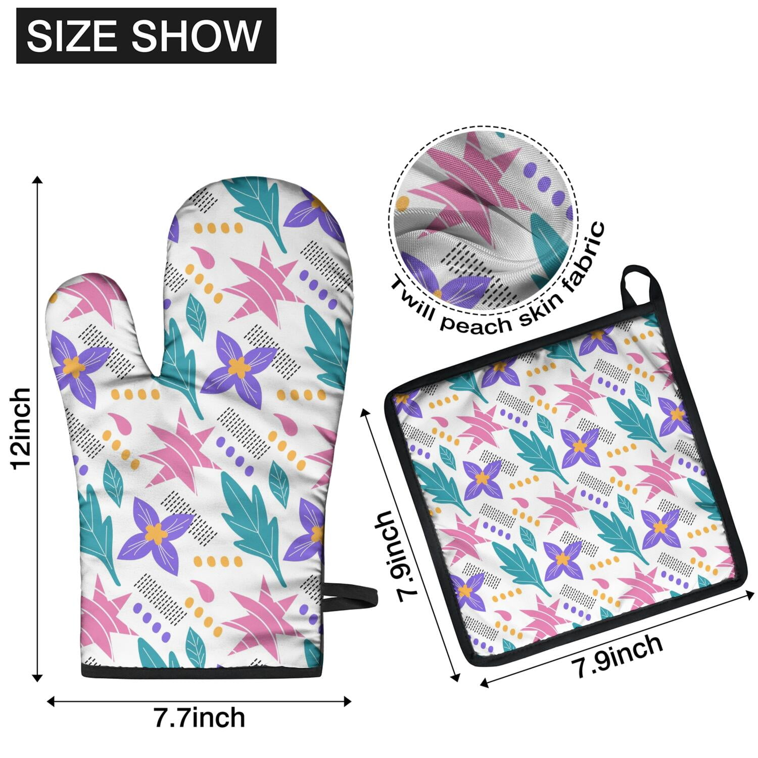 Floral Pattern Oven Mitts and Pot Holders Set Of 4, Heat Resistant Kitchen Gloves with Non-Slip Grip, Hanging Loop, Soft Cotton Lining for Baking, Cooking, Grilling, Barbecue